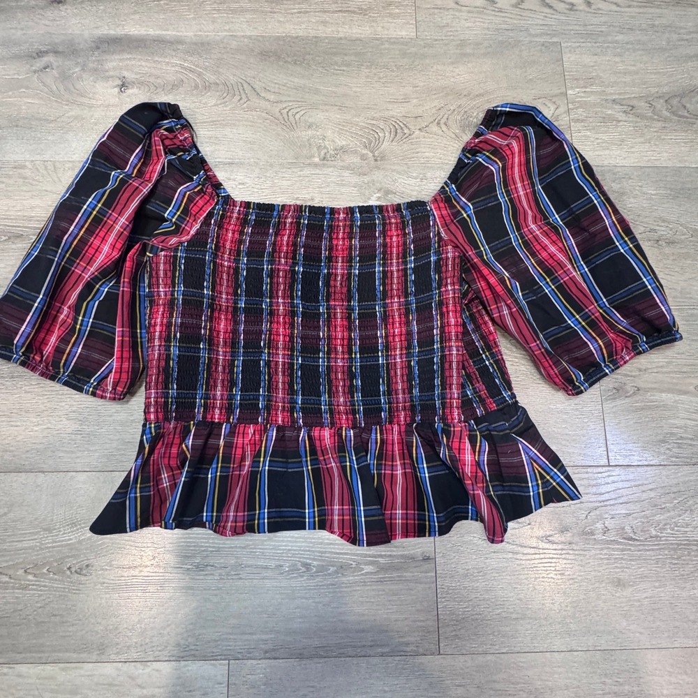 Draper James RSVP Womens XXL Red Plaid Smocked Peplum Puff Sleeve Top